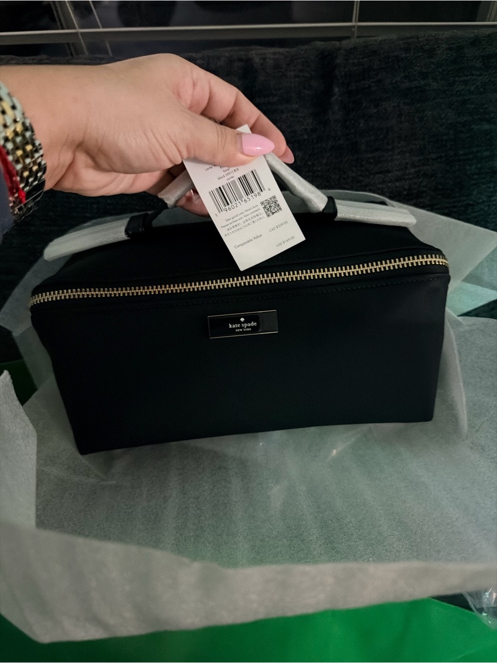 kate spade black cosmetic case with gold hardware